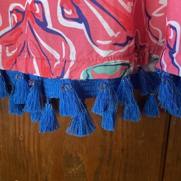 Simply Southern Tassel Hem S/S Pink Aqua Sea Shell AOP Scoop Neck Size LARGE - Picture 4 of 8